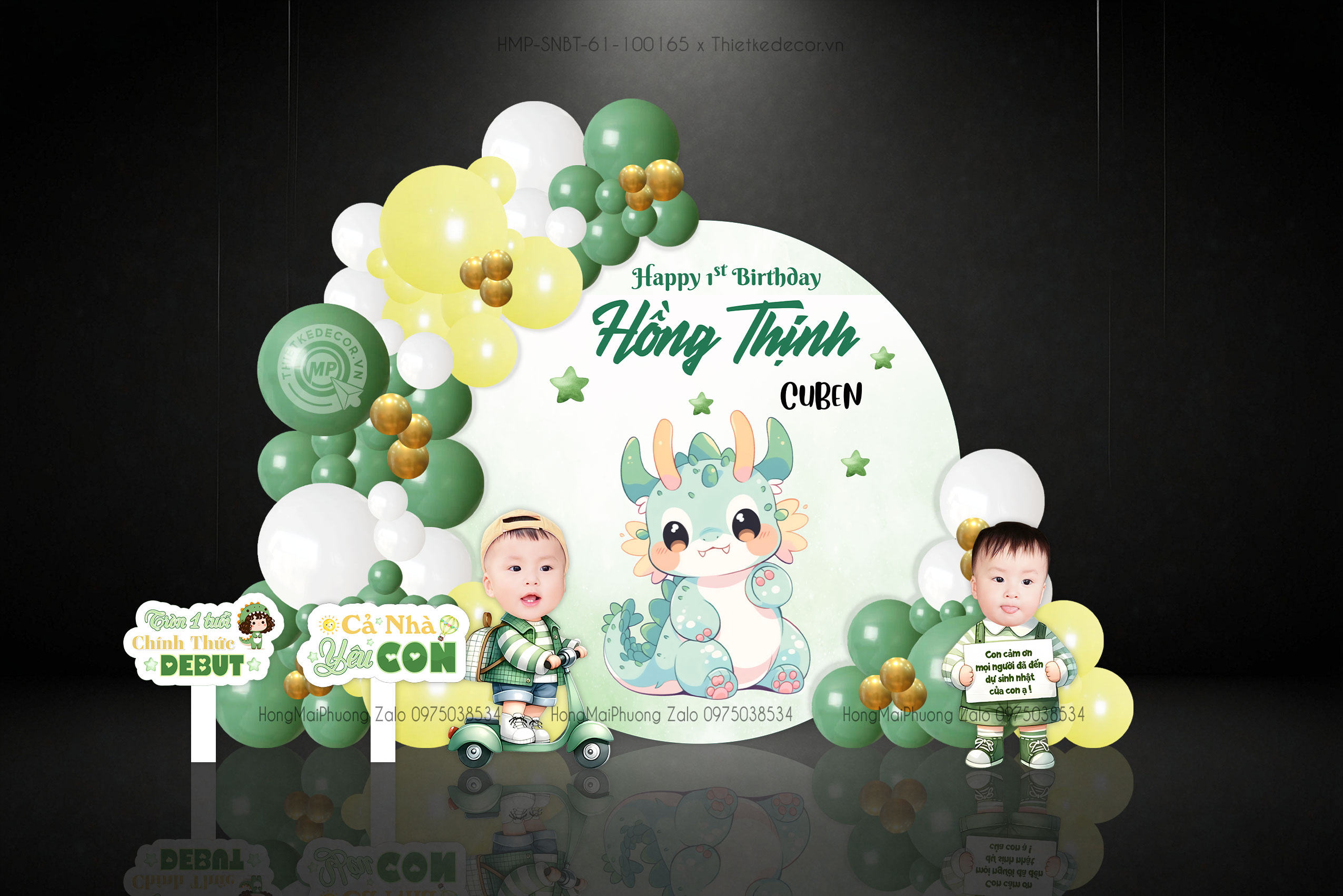 Sinh nhật bé trai tone xanh lá tuổi rồng